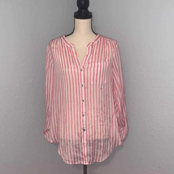 Zac & Rachel Pink and White Striped Button Down Tie Top Sz Medium - Picture 3 of 11